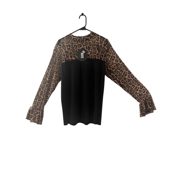 Sterling Kreek Womens Leopard Print Ruffle Long Sleeve Top L - Picture 2 of 4